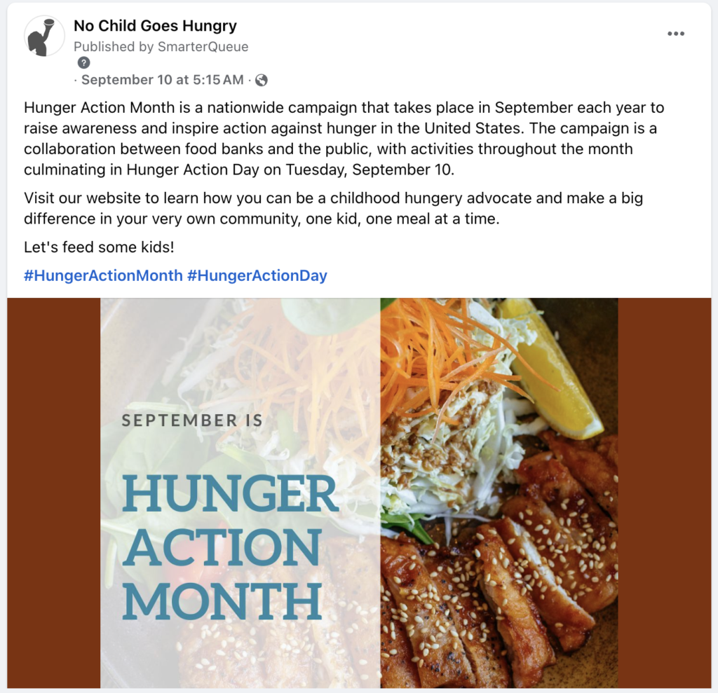 a Facebook post from No Child Goes Hungry promoting Hunger Action Month